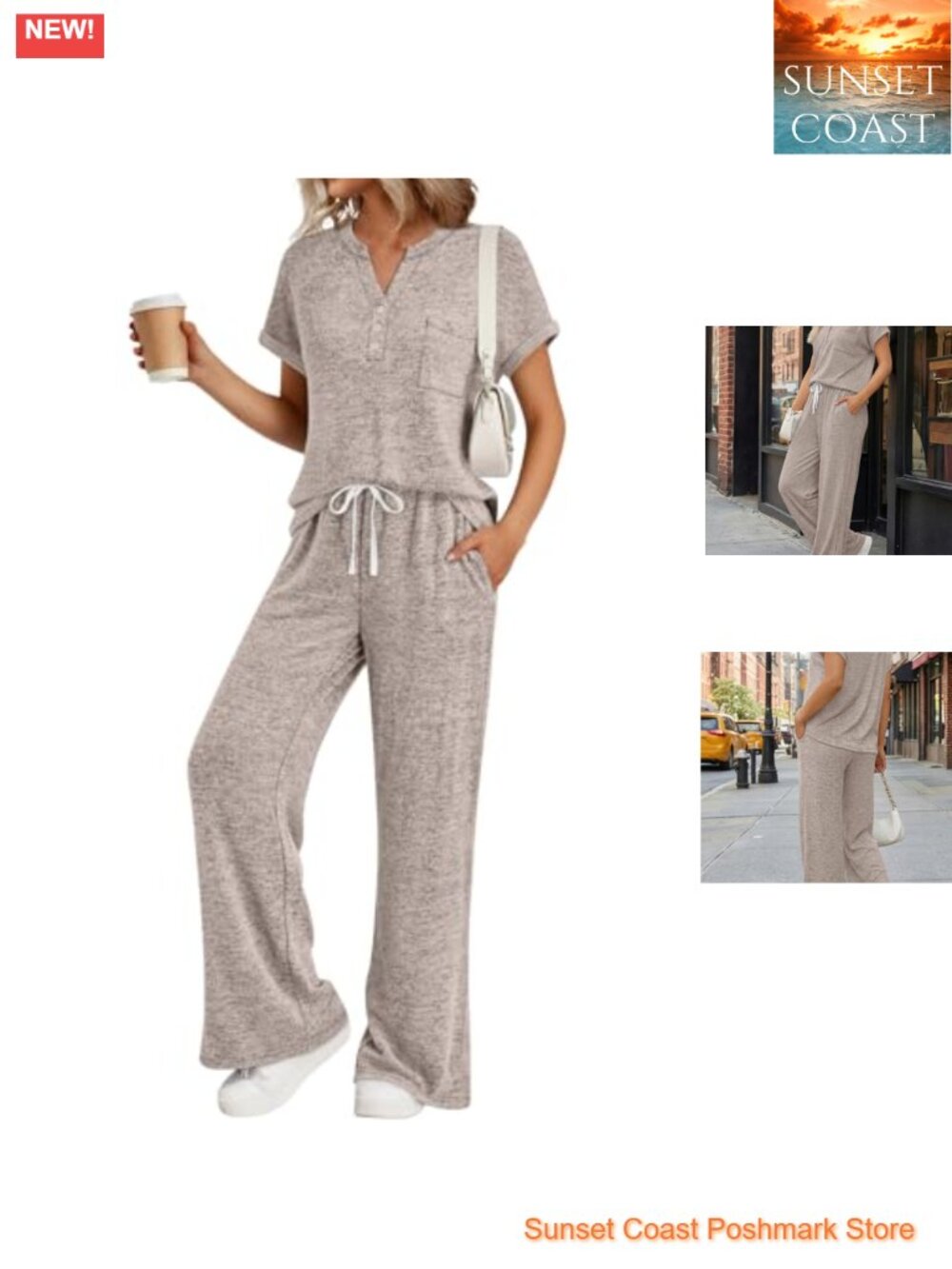 2 Piece Henley Lounge Set Wide Leg Pants Pajama Travel Outfit